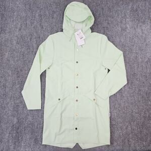 RAINS Jacket Unisex XS Green Mineral Long Waterproof Button Front Vented Coat